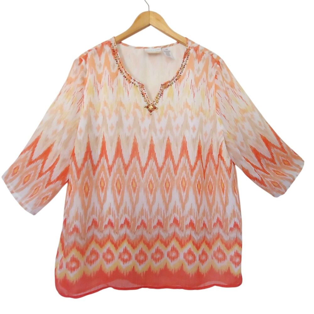 Alfred Dunner Woman Top 18W Orange White Embellished